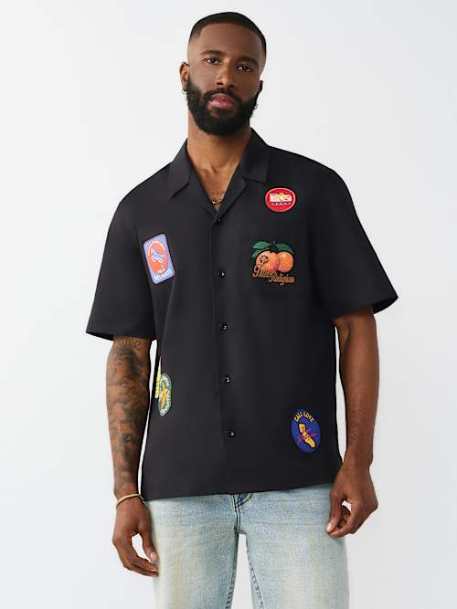 Men's Twill Embroidered Camp Shirt | Black | Size Medium | True Religion
