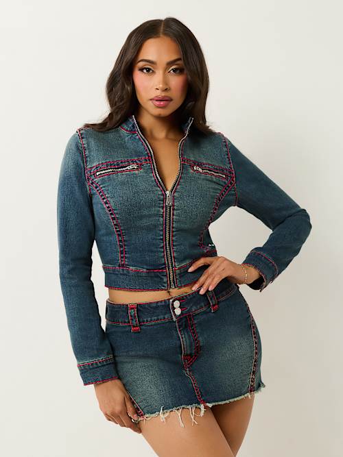 Women's Shrunken Super T Denim Moto Jacket