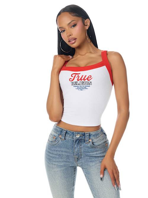 Women's Embroidered Cropped Ringer Tank Top