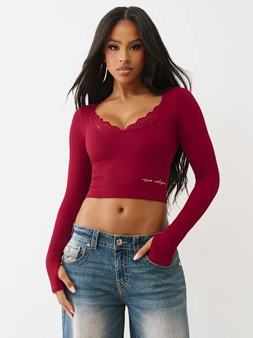 Women's Seamless Lace Scoop Neck Long Sleeve Top