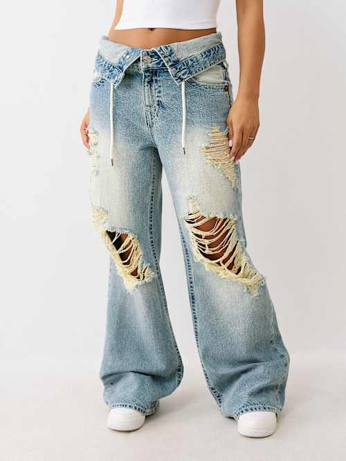 Women's Bobbi Double Waistband Distressed Baggy Jean