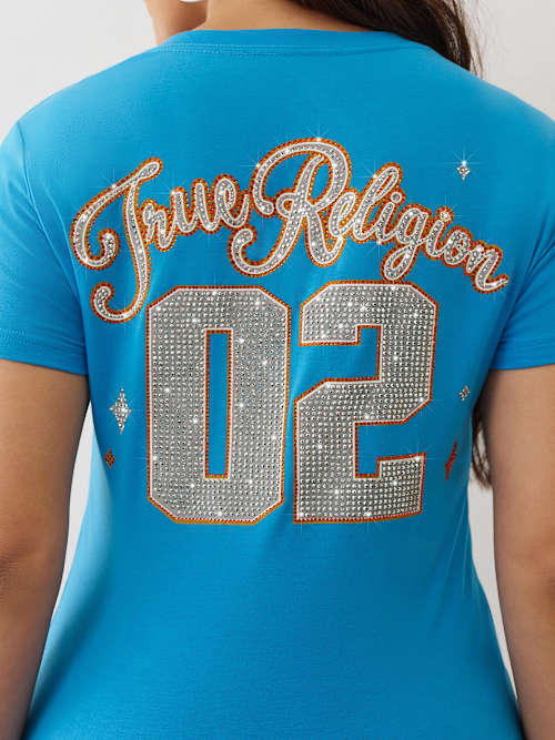 СПОРТИВНАЯ ФУТБОЛКА С V-ОБРАЗНЫМ ВЫРЕЗОМ И УКРАШЕНИЕМ В ВИДЕ КРИСТАЛЛОВ