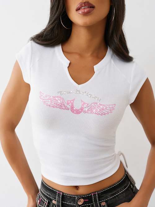 УКРАШЕННЫЙ КРИСТАЛЛАМИ V-ОБРАЗНЫЙ ВЫРЕЗ ПО БОКАМ И ОБОРКА СВЕРХУ