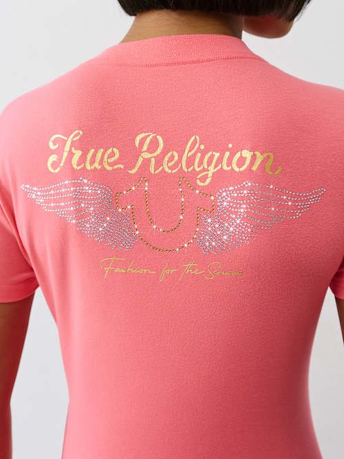 ФУТБОЛКА С V-ОБРАЗНЫМ ВЫРЕЗОМ В ВИДЕ КРЫЛАТОЙ ПОДКОВЫ ИЗ КРИСТАЛЛОВ