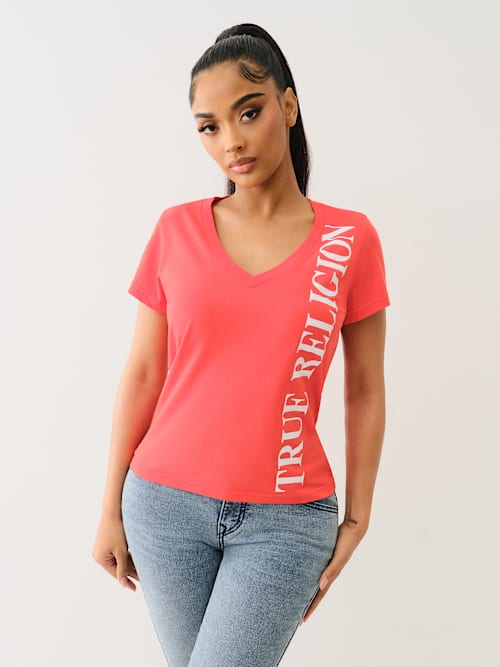 ФУТБОЛКА С ВЕРТИКАЛЬНЫМ ЛОГОТИПОМ И V-ОБРАЗНЫМ ВЫРЕЗОМ