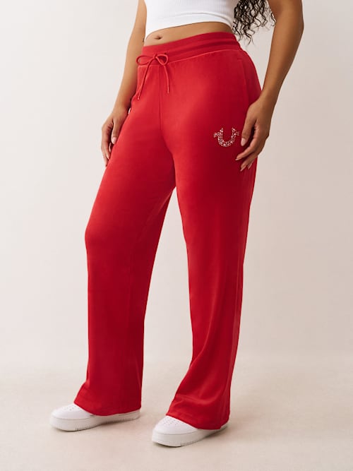 СПОРТИВНЫЕ БРЮКИ С ПРЯМЫМИ ШТАНИНАМИ ИЗ ВЕЛЮРА В ВИДЕ ХРУСТАЛЬНОЙ ПОДКОВЫ