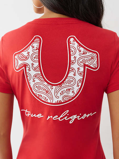 ФУТБОЛКА С V-ОБРАЗНЫМ ВЫРЕЗОМ В ВИДЕ ПОДКОВЫ ИЗ БАНДАНЫ