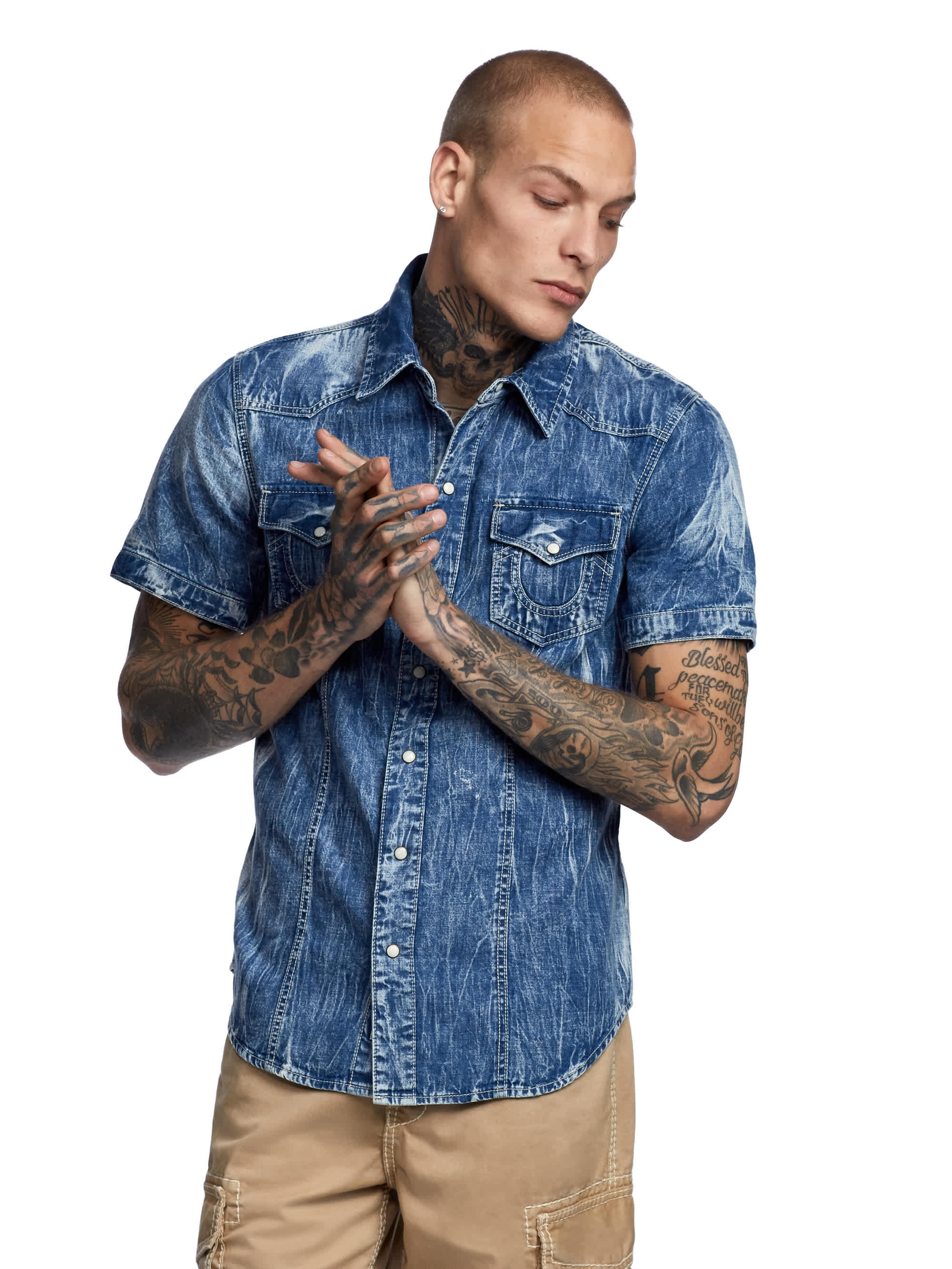 MENS MARBLED DENIM BUTTON DOWN WESTERN SHIRT, image 2