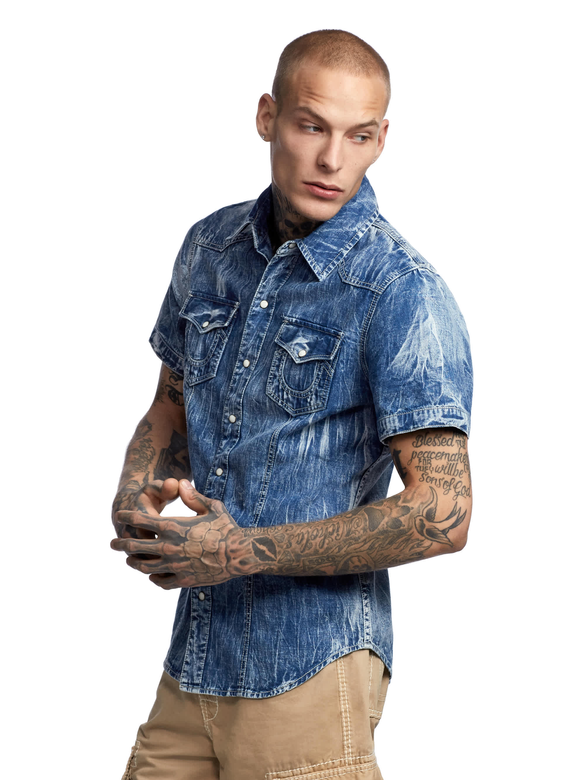 MENS MARBLED DENIM BUTTON DOWN WESTERN SHIRT, image 4