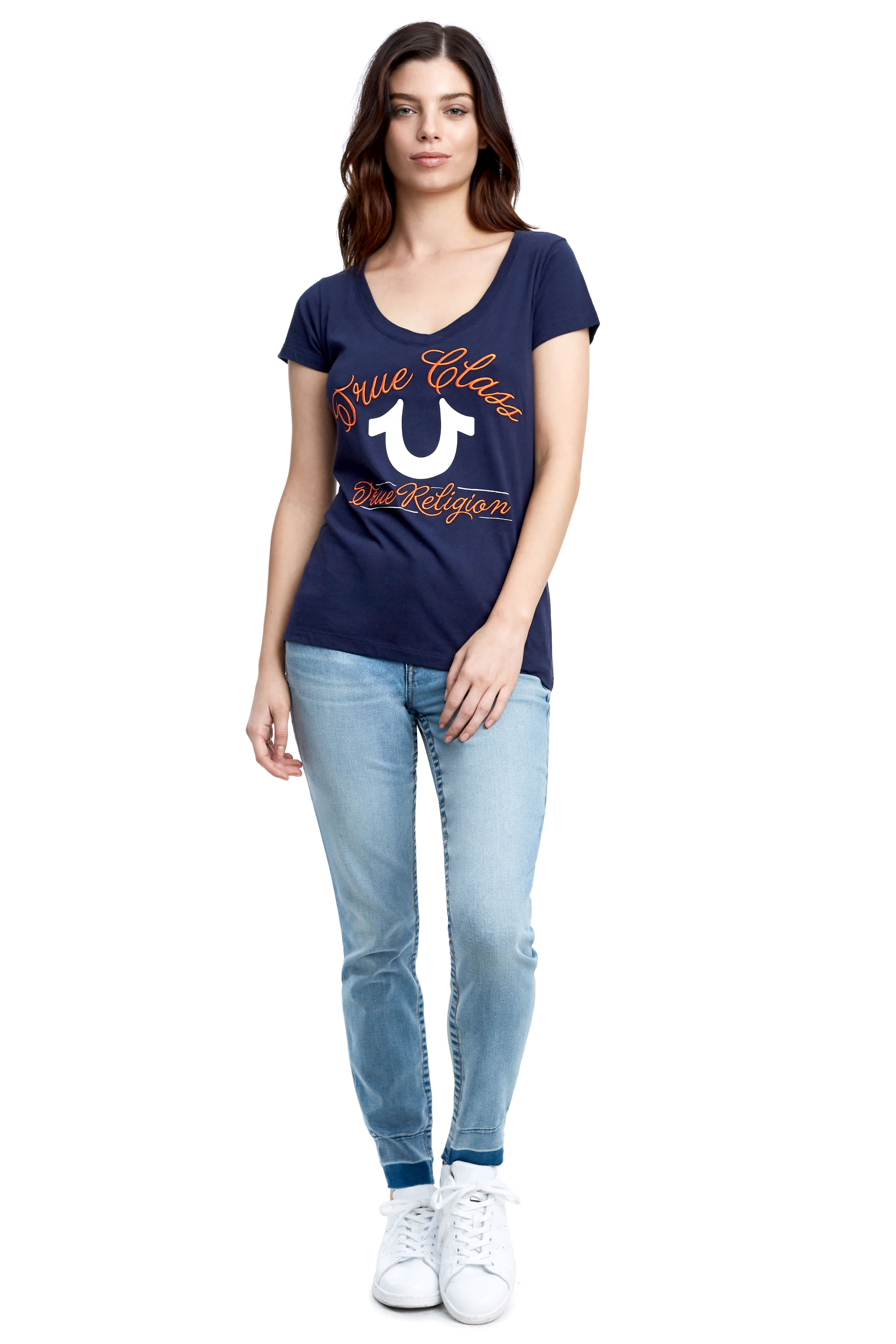 TRUE CLASS EMBROIDERED WOMENS V NECK TEE