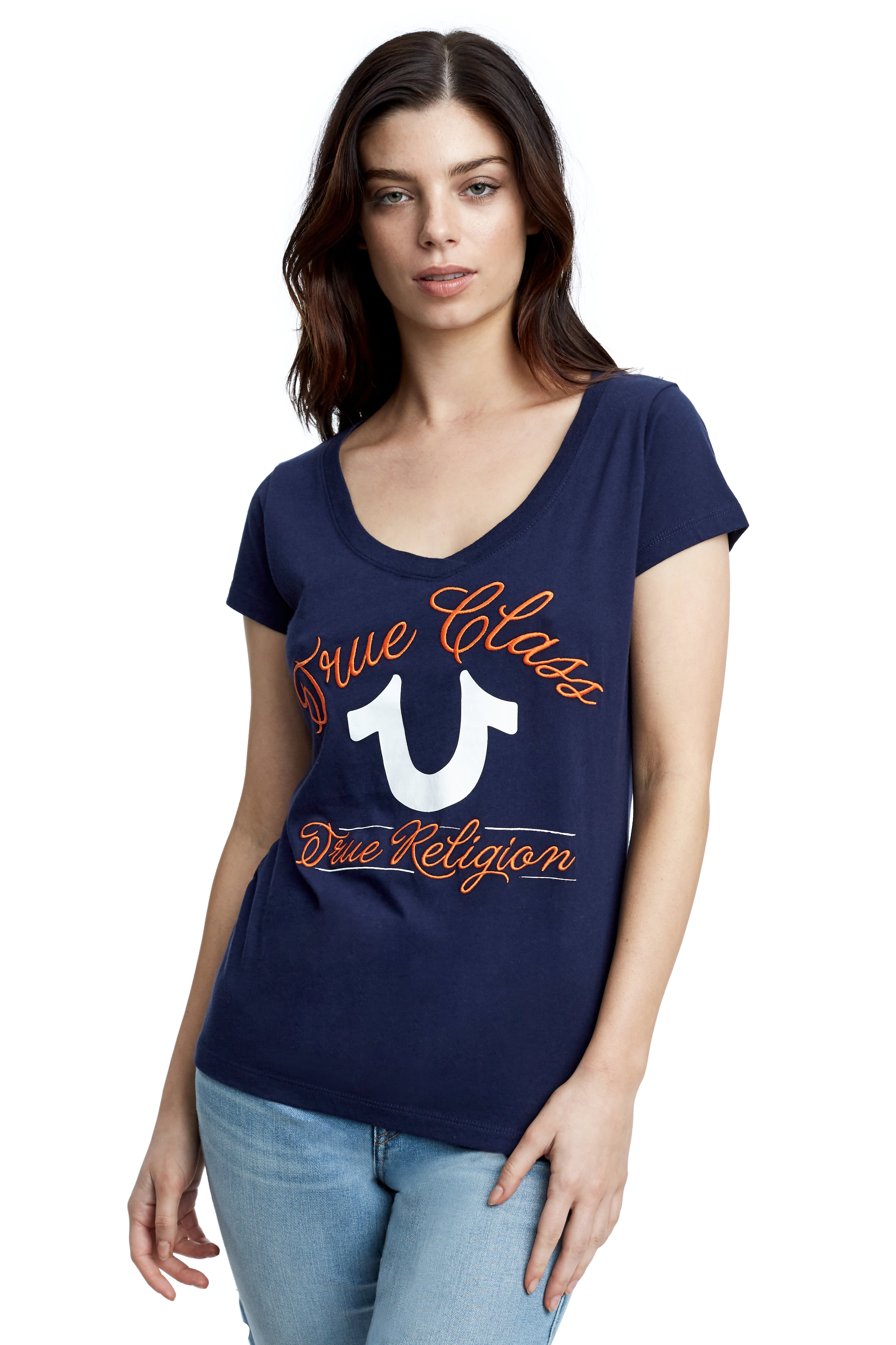 TRUE CLASS EMBROIDERED WOMENS V NECK TEE