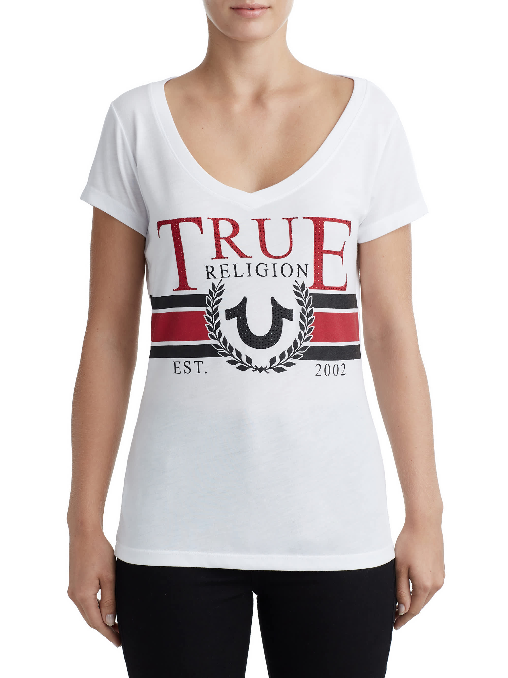 WOMENS CRYSTAL EMBELLISHED LOGO GRAPHIC TEE