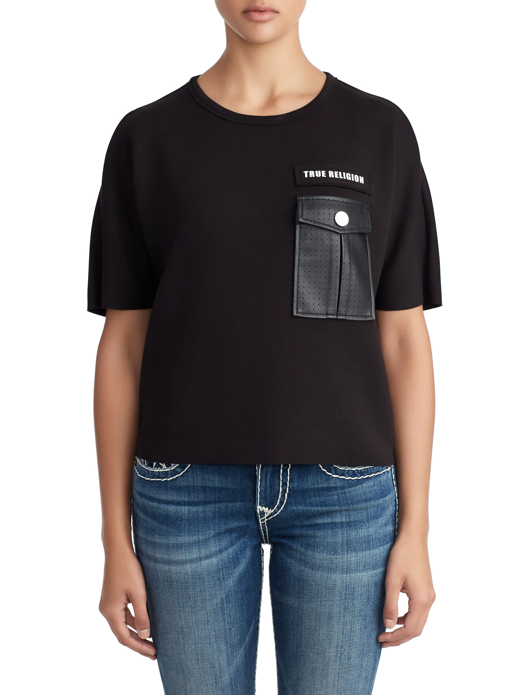 WOMENS LEATHER POCKET CROPPED TEE