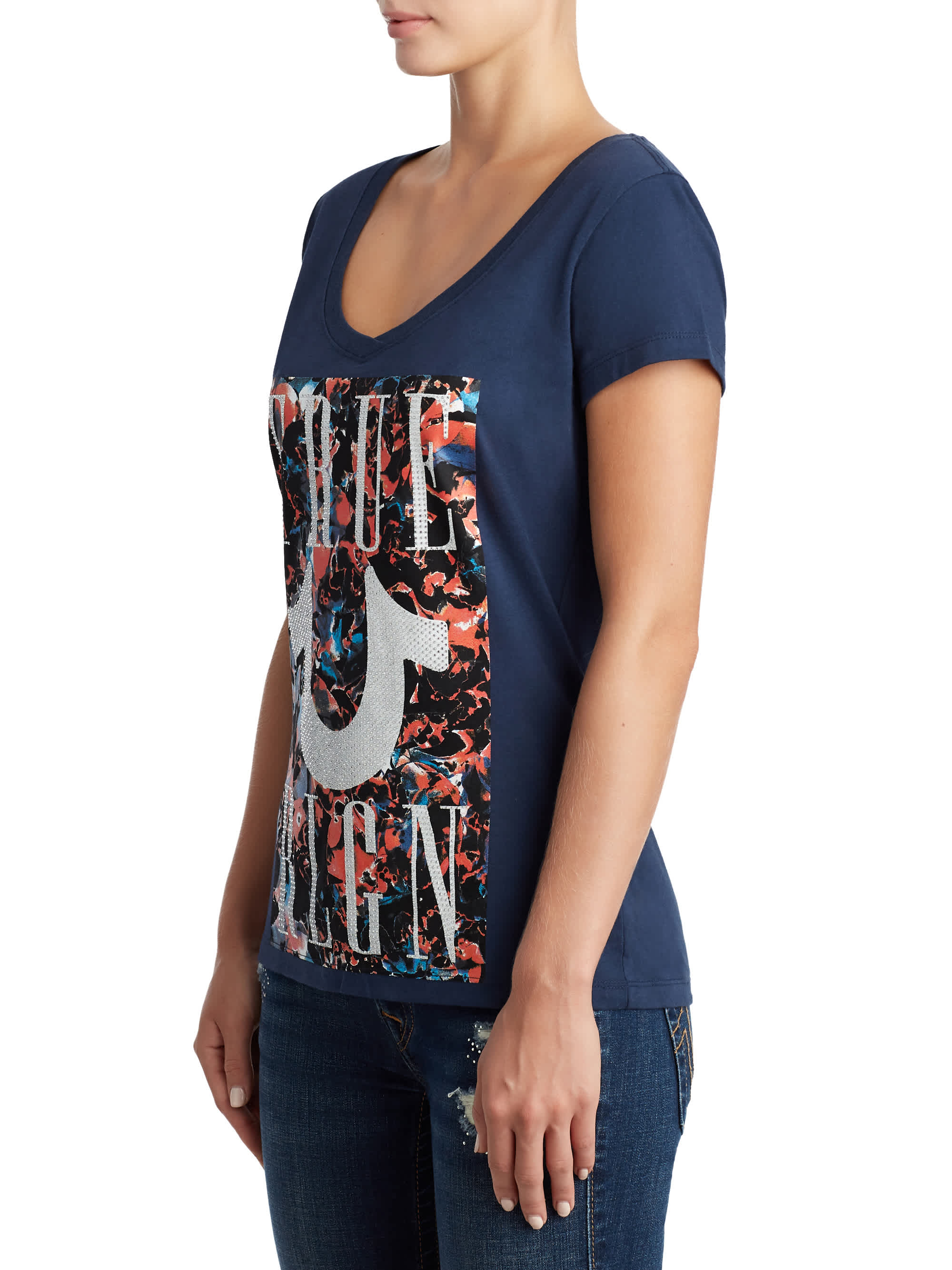 WOMENS CRYSTAL EMBELLISHED FLORAL GRAPHIC TEE