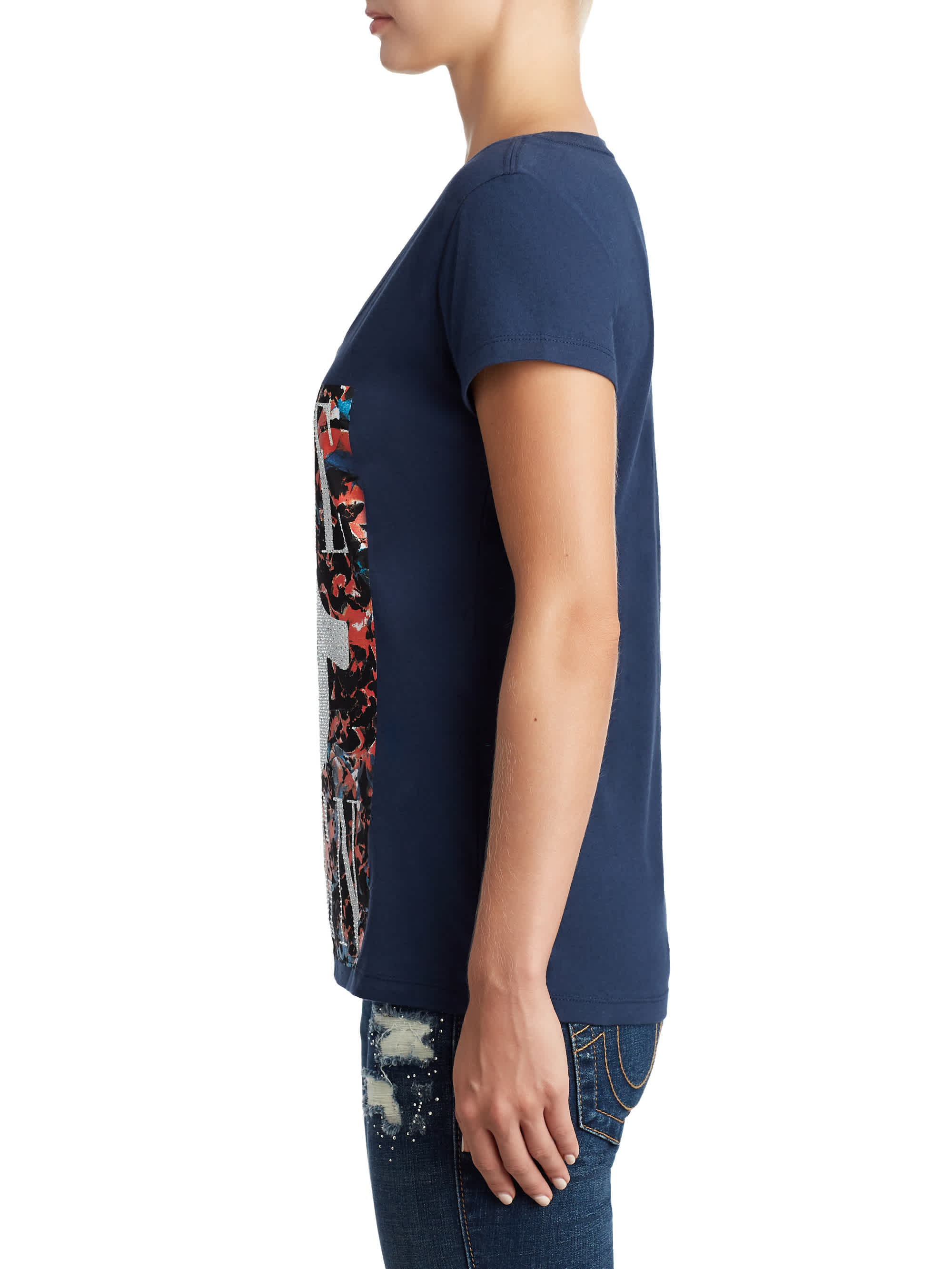 WOMENS CRYSTAL EMBELLISHED FLORAL GRAPHIC TEE