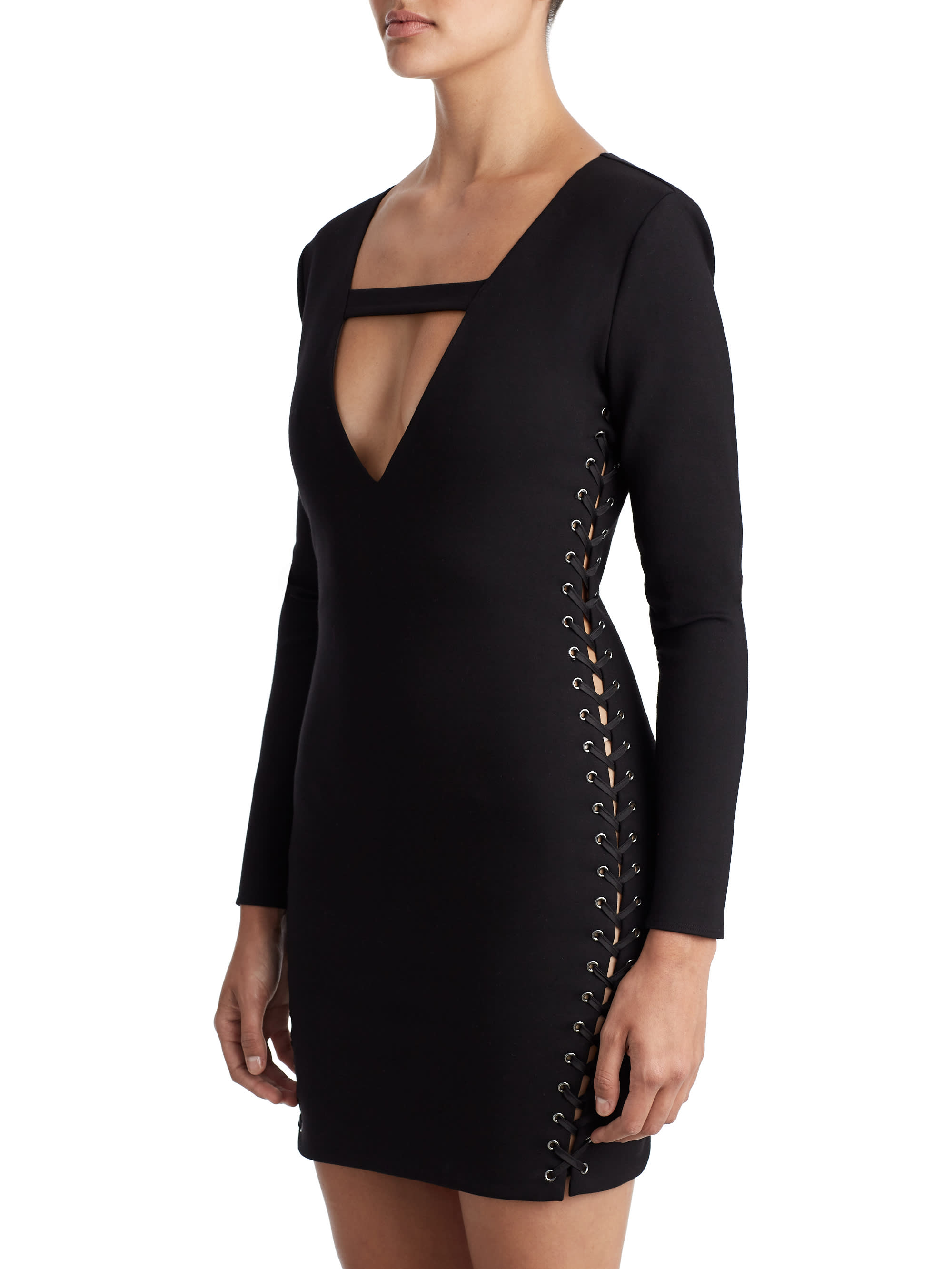 WOMENS SUPER DEEP V LACE UP BODYCON DRESS