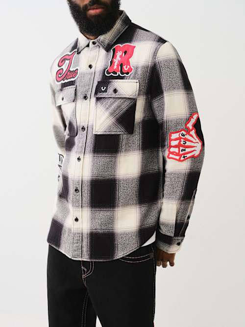 True Religion Men's Buffalo Plaid Patch Workwear Shirt In White
