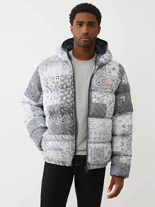 True Religion Bandana Print Puffer Jacket In Gray