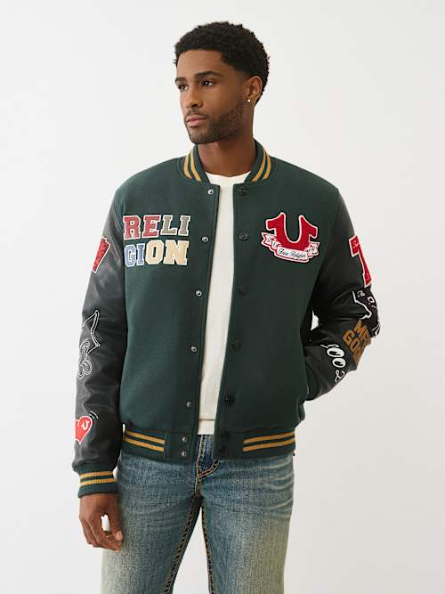 True Religion Cat Varsity Jacket In Green