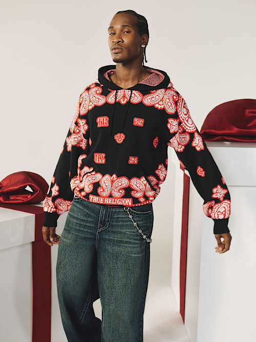 True Religion Knitted Bandana Print Hoodie In Black