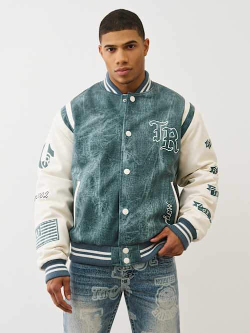 True Religion Men's Denim Print Retro Varsity Jacket In Blue