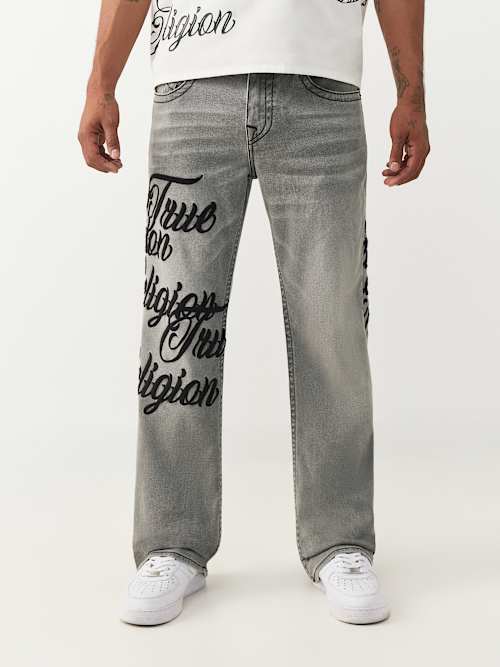 True Religion Men's Billy Embroidered Leg Flap Bootcut Jean In Gray