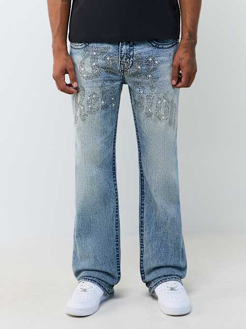 True Religion Men's Billy Big T Crystal Script Flap Bootcut Jean 32" In Blue