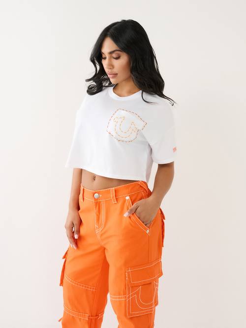 True Religion Women's Horseshoe Puff Print Crop T-shirt In White