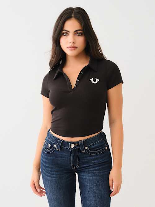 True Religion Women's Embroidered Cropped Ribbed Polo Shirt In Black