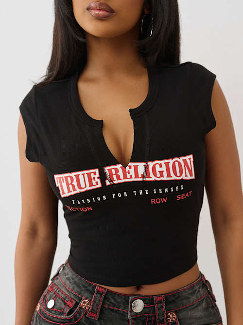 True Religion Women's Anniversary Logo V-notch T-shirt In Black