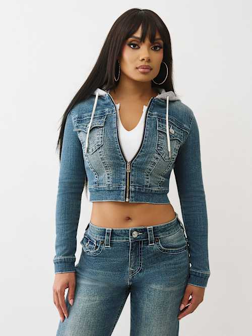 True Religion Women's Shrunken Denim Hooded Jacket In Blue