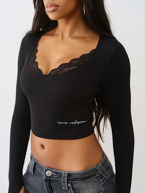 True Religion Seamless Lace Scoop Neck Long Sleeve Top In Black