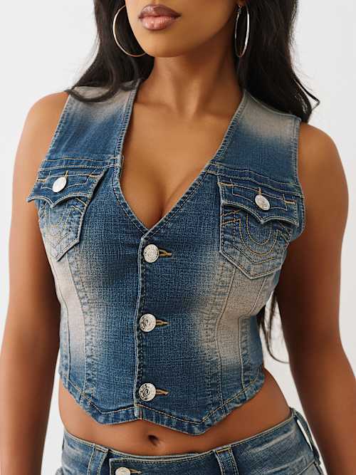 True Religion Women's Faded Wash Denim Vest In Blue