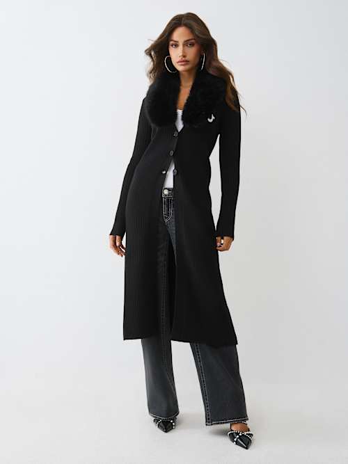 True Religion Women's Faux Fur Duster Cardigan In Black