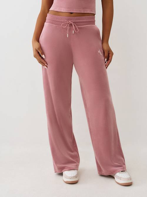 True Religion Women's Velour Crystal Horseshoe Straight Leg Sweatpant In Pink