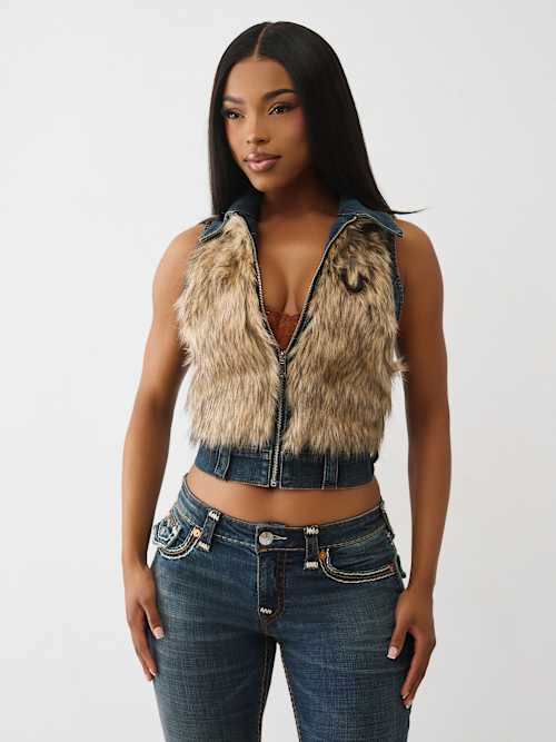 True Religion Women's Fur Denim Vest In Blue