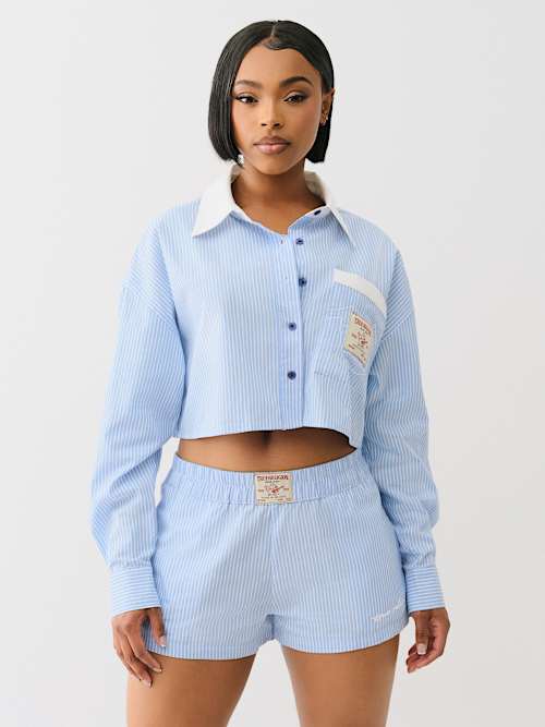 True Religion Women's Pinstriped Button Down Crop Shirt In Blue