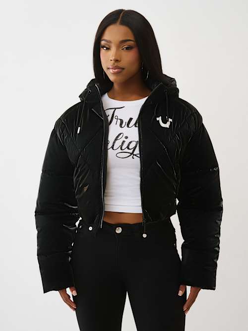 True Religion Women's High-shine Hooded Puffer Jacket In Black