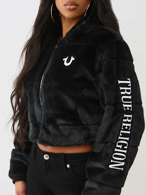 True Religion Women's Logo Faux Fur Zip Jacket In Black