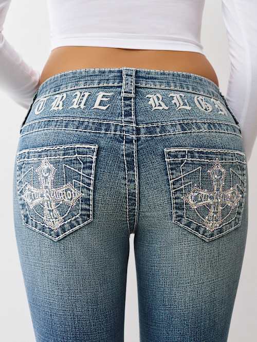True Religion Joey Mid Rise Big T Cross Flare Jean In Blue
