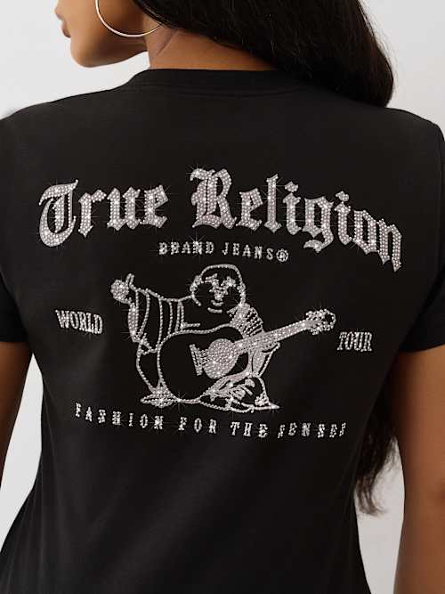 True Religion Women's Crystal Buddha Graphic V-neck T-shirt In Black