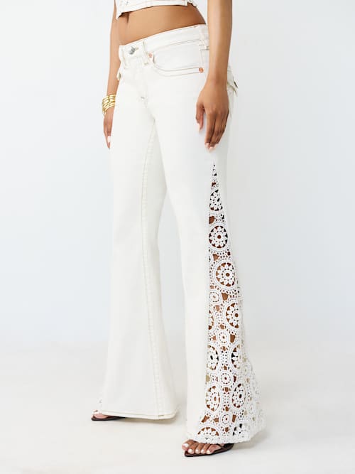 True Religion Women's Crochet Mid Rise Flap Flare Jean In White
