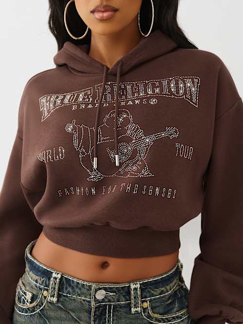 True Religion Women's Crystal Cropped Pullover Hoodie In Burgundy