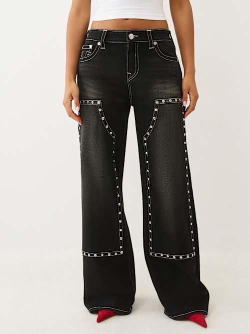 True Religion Women's Bobbi Studded Carpenter Baggy Jean In Black