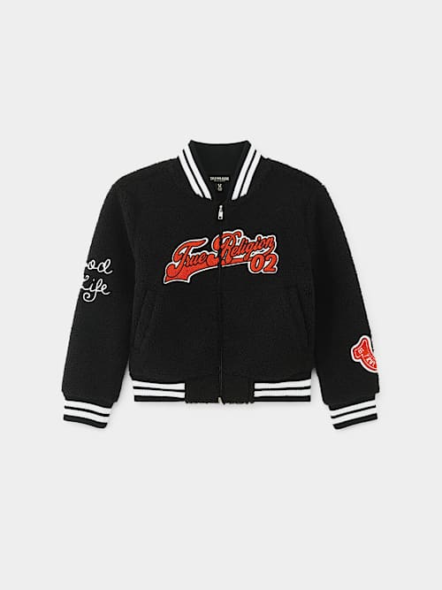 True Religion Girls Embroidered Logo Fleece Varsity Jacket In Black