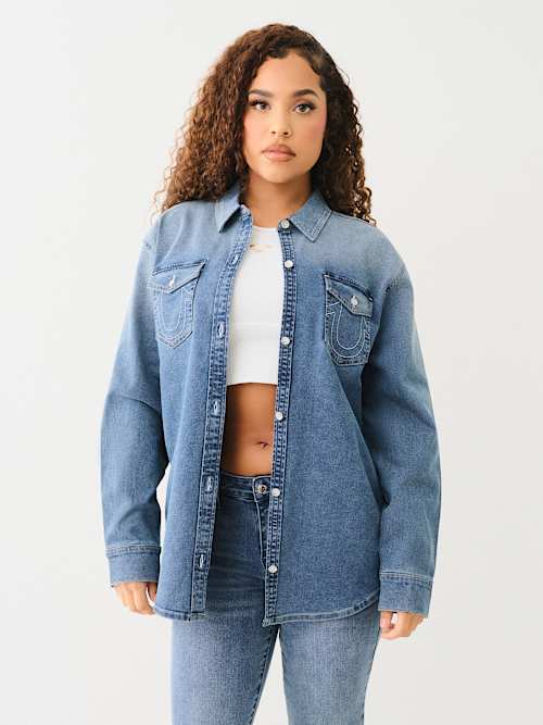 True Religion Women's Oversized Denim Crystal Logo Long Sleeve Shirt In Blue