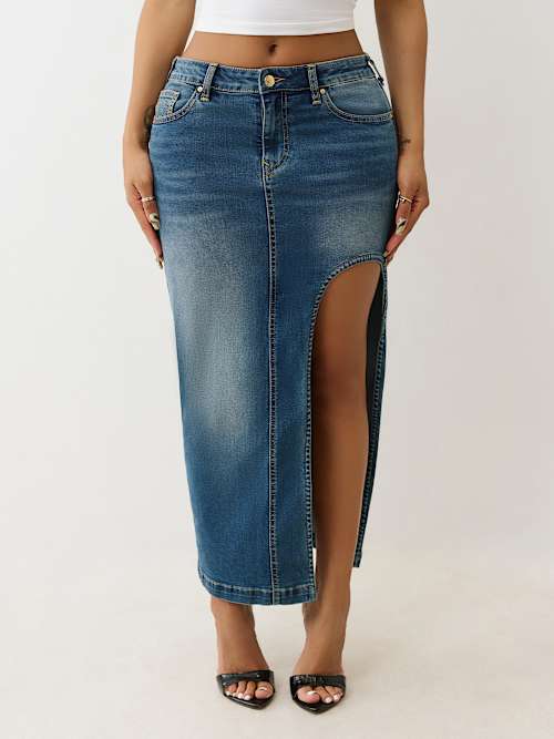 True Religion Women's Denim Cut Out Maxi Skirt