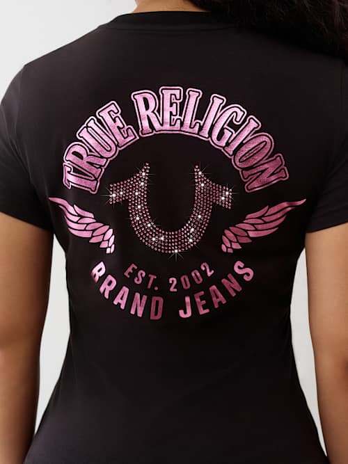 True Religion Women's Crystal Horseshoe Wing Crew T-shirt In Black