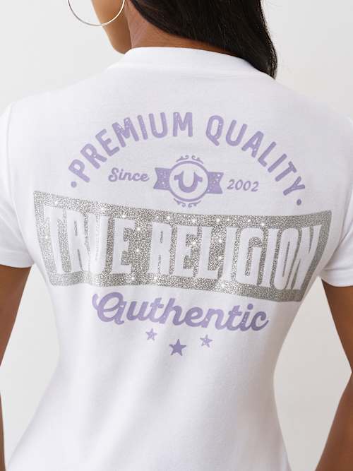 True Religion Women's Glitter Logo V Neck T-shirt In White