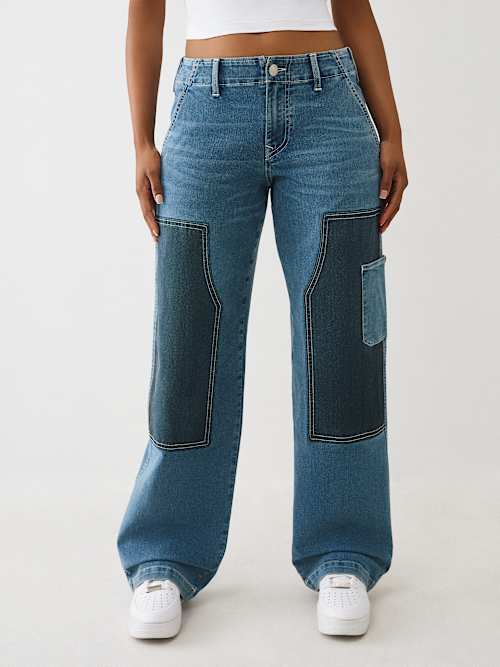 True Religion Colorblock Wide Leg Carpenter Jeans In Blue